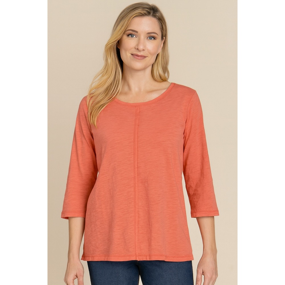 Charlie B Coral Orange 3/4 Sleeve Seamed Cotton Blend Top Women's M